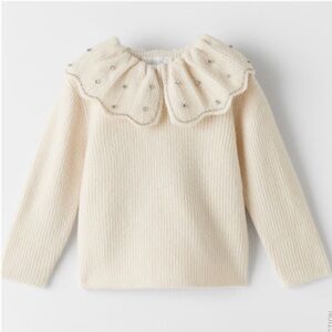 Zara Girlds Bob Collar Appliqué Knit Sweater Cream Rhinestones